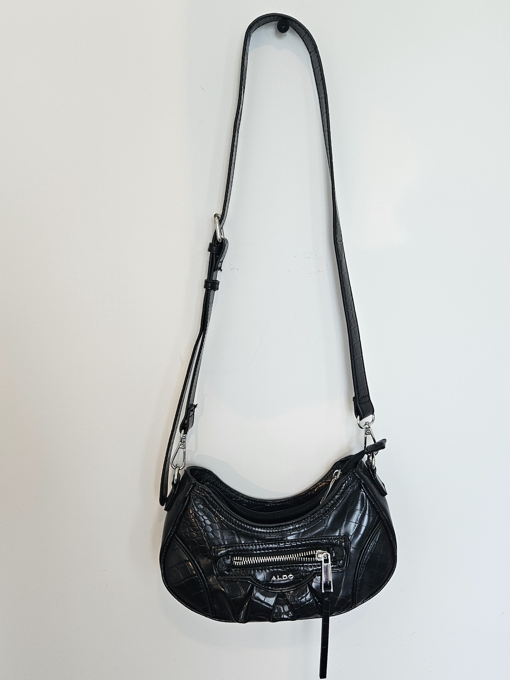 ALDO Black Croc-Embossed Crossbody with Silver Hardware
